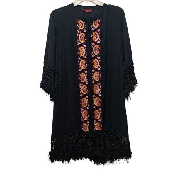 Tigerlily Embroidered Button Down Fringe Cardigan Cruise Dress Small Black - Picture 1 of 17